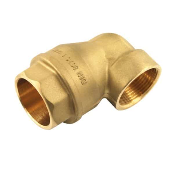 Brass three-way pipe fitting (tee) with three female threaded ports for plumbing connections used in plumbing systems.