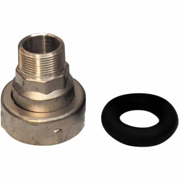 Metal threaded plumbing adapter with hex nut and a black rubber O-ring beside it.