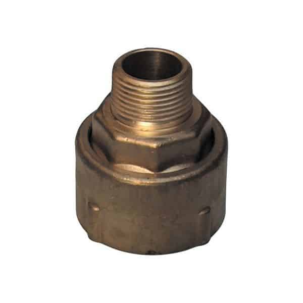 Brass plumbing fitting with a threaded male end and a hexagonal nut body used for pipe connections.