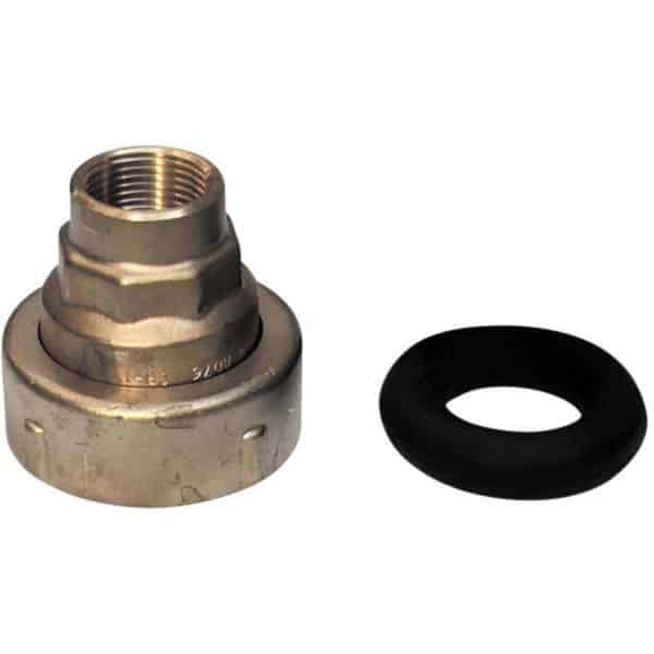 Metal threaded coupling with hex flange and a black rubber gasket beside it, shown as a pipe seal kit