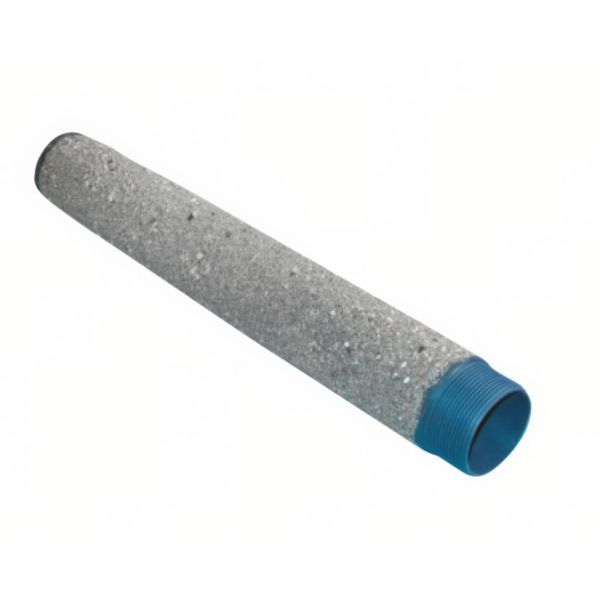 Gray cylindrical foam filter cartridge with a blue screw-on end cap treated as a water filtration component