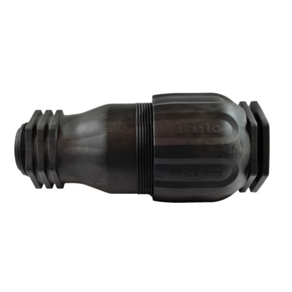 Black plastic hose connector with barbed ends and a threaded middle section