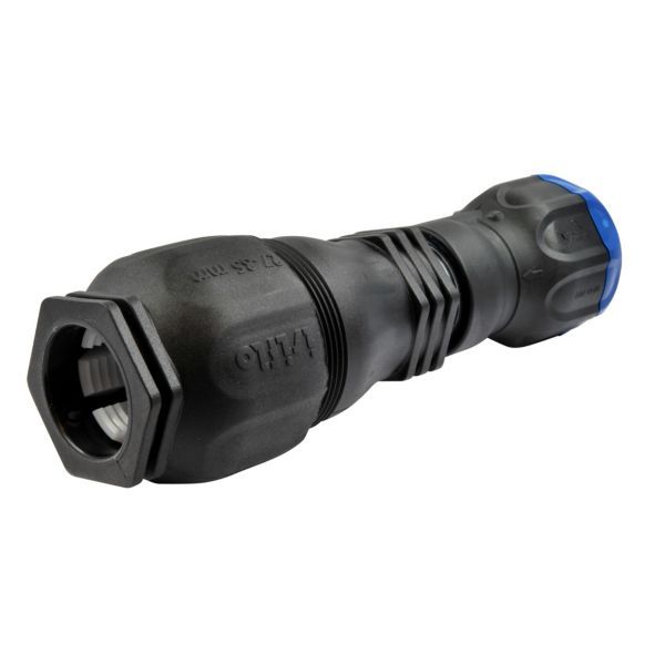 Industrial waterproof power connector with hex nut and blue end cap