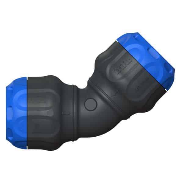 90-degree elbow pipe connector with blue end caps for hoses or tubing