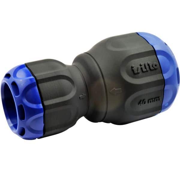 Blue and black 40 mm screwdriver bit holder with quick-release ends, shown in close-up.