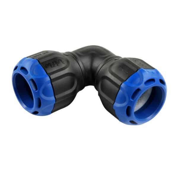 Curved black plastic pipe elbow with blue interchangeable end fittings (push-fit connectors)
