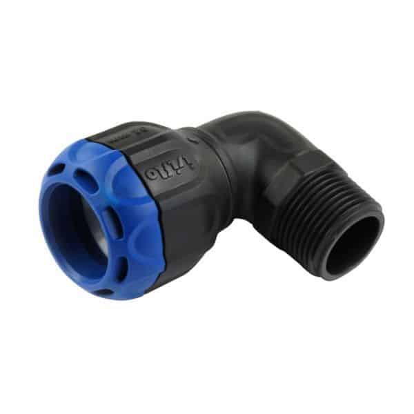 90-degree push-fit elbow pipe fitting with blue compression collar and threaded end (drain/irrigation connector)