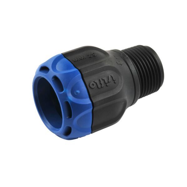Plastic hose connector/coupling with blue collar and black threaded end, for irrigation or plumbing hoses (informative image).