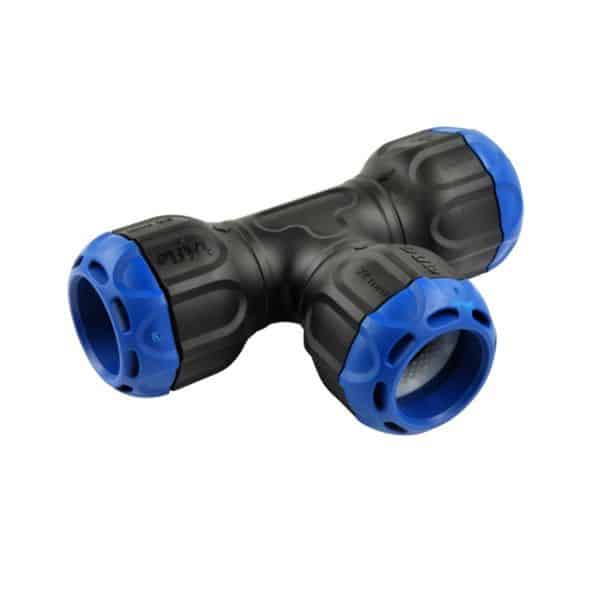 T-shaped black and blue hose connector with three openings for joining hoses.