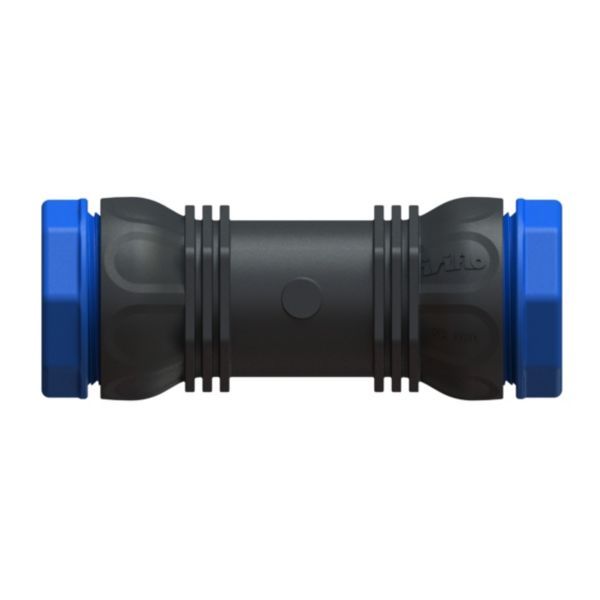 Barrel-shaped quick-connect coupler with blue end caps and black center barrel, used to join tubing or hoses.