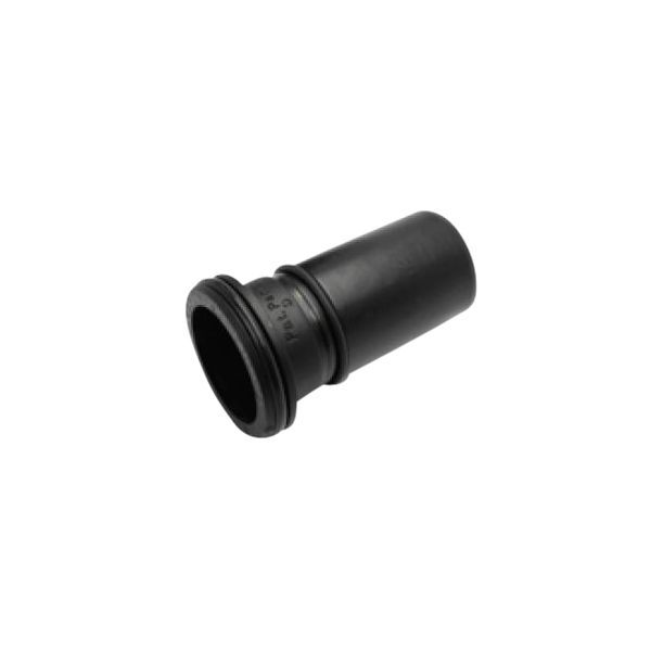 Black plastic pipe fitting adapter with a flared end, hollow interior visible