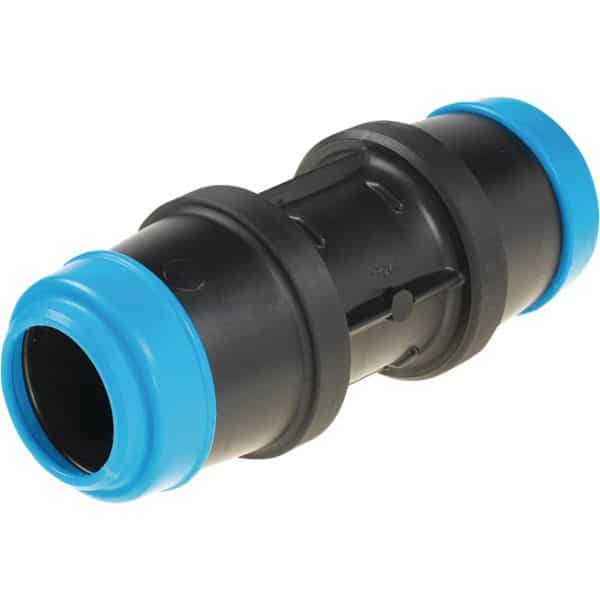 Black plastic pipe coupling with blue end fittings for irrigation or plumbing systems (quick-connect style)