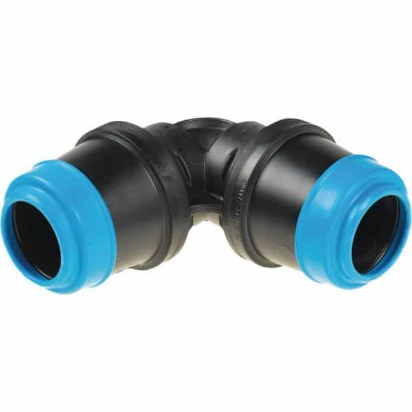 Black plastic 90-degree elbow pipe connector with blue end fittings, used to join two tubes at a right angle