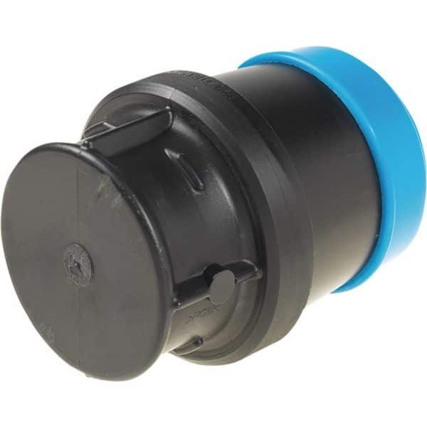 Black plastic quick-connect fitting with a blue end cap, shown at an angle