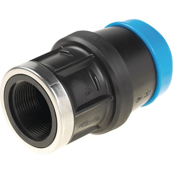 Plastic pipe coupling with a blue end cap and a metal retaining ring, close-up view of a connector.