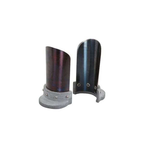Pair of curved metal heat shields with riveted bases.