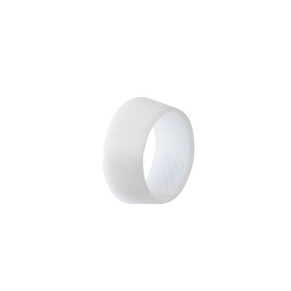 White plastic ring (washer) with a hollow center, photographed at a slight angle.