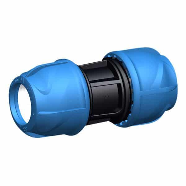 Blue plastic two-piece hose connector with a black inner coupling, used to join hoses.
