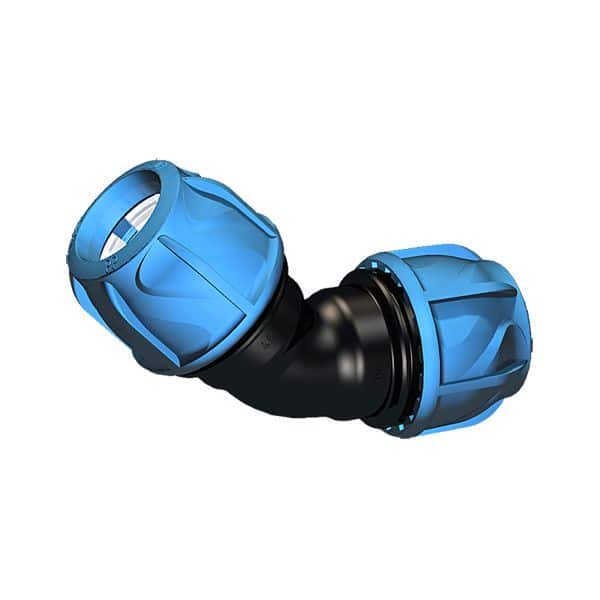 Blue elbow hose fitting with knurled ends and a black flexible joint in the middle
