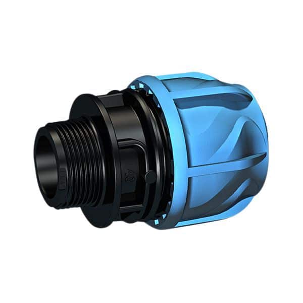 Blue and black plastic hose connector with a threaded black end, used to join hoses or fittings.