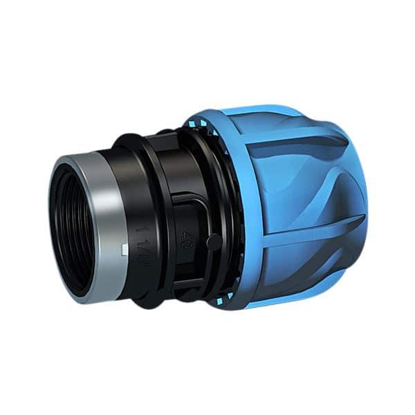 Blue plastic ergonomic housing attached to a black metal threaded adapter, a close-up of a mechanical coupling part.