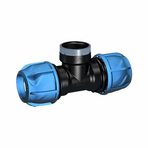 Blue and black three-way pipe connector (compression tee) with two blue end hubs and a central black hub for joining three pipes; likely used in irrigation plumbing.