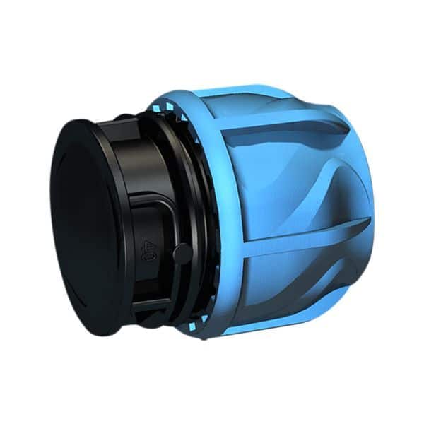 Blue cylindrical plastic connector with a black inner core and textured grip, shown at an angle.