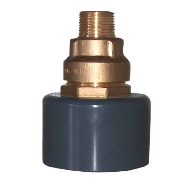 Brass threaded plumbing valve attached to a dark blue cylindrical base.