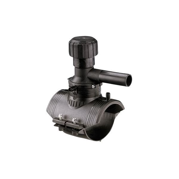 Irrigation sprinkler valve actuator attached to a ribbed valve body with a side outlet pipe, used to control water flow