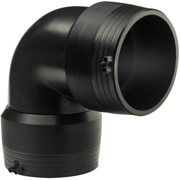 Black 90-degree PVC pipe elbow fitting with end opening and small clamp screws on the side, a plumbing connector part