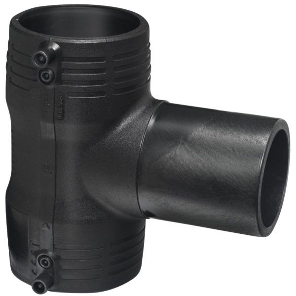 Black plastic T-shaped pipe fitting with a side outlet, ridged exterior, and screw-in fasteners visible on the height of the tee.