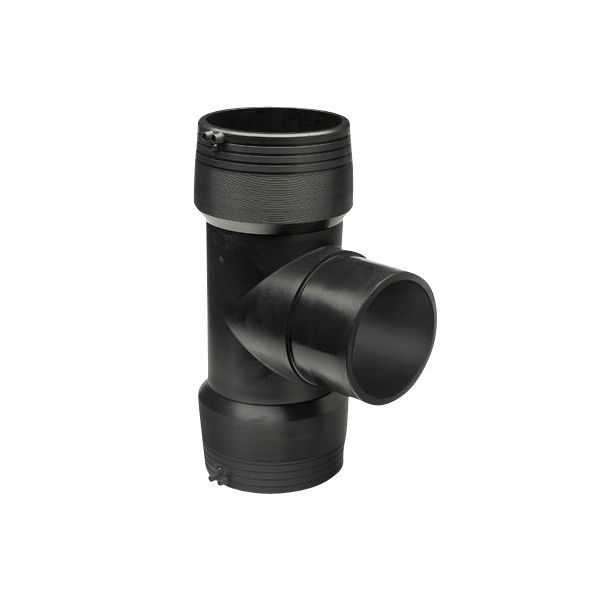 Black plastic three-way tee pipe fitting with hose clamps on a white background, used for plumbing drainage.
