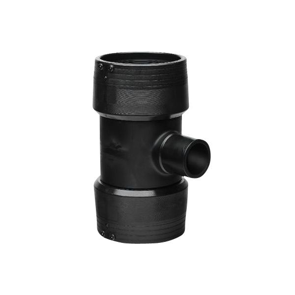 Black plastic plumbing tee fitting with three openings: two large ends and a side outlet (used in drainage/piping).