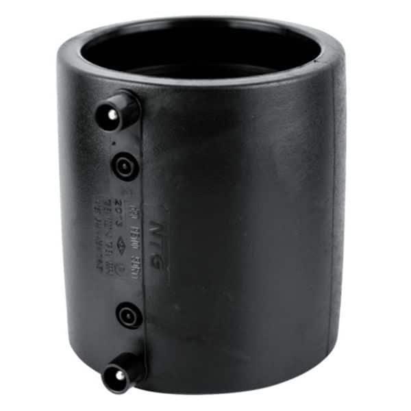 Black hollow cylindrical adapter/spacer with two small port-like fittings on its side.