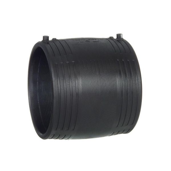 Black plastic pipe coupling with ridged exterior, used to join two PVC pipes.