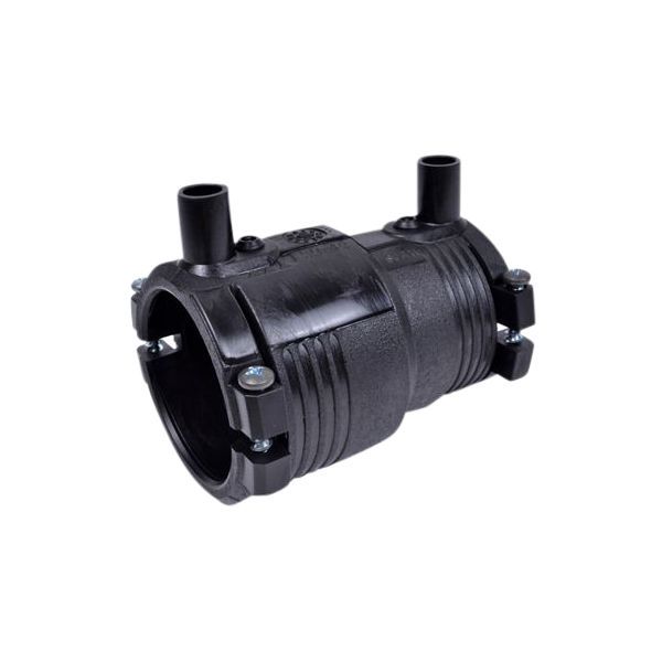 Black plastic pipe connector with two vertical outlets and clamps, used to join two pipes in an irrigation system.