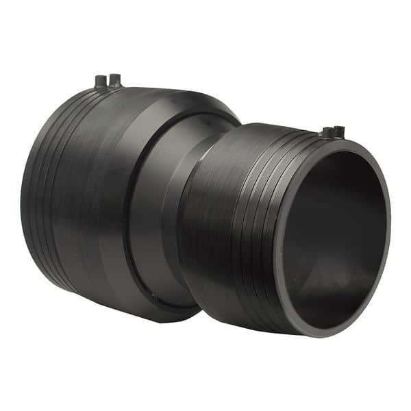 Black plastic pipe coupling with ridged exterior and two joining ends, used to connect PVC pipes.