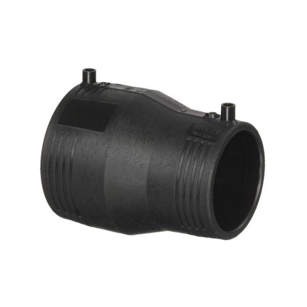 Black plastic pipe coupling/connector used to join two pipes in a system, with side ports for fittings