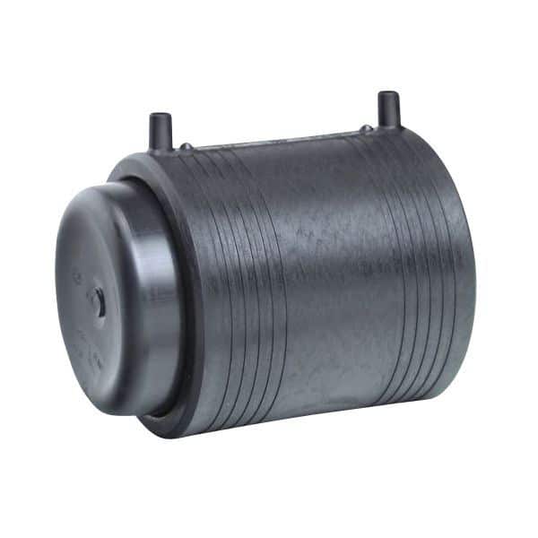 Black ribbed cylindrical hydraulic accumulator with two mounting posts on top.