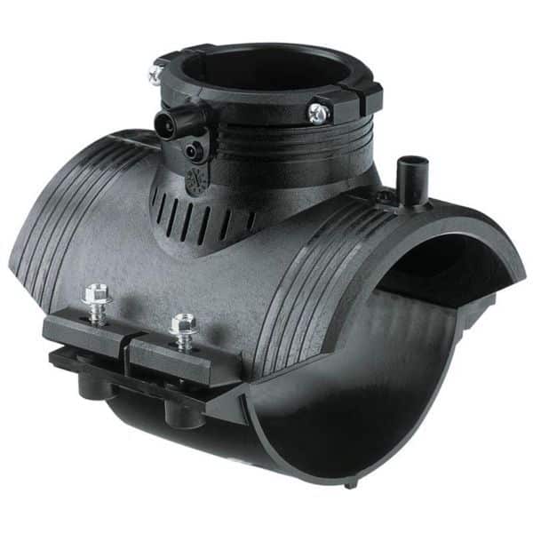 Plastic pool pump housing with large circular suction inlet and side discharge, featuring mounting bolts and clamp fittings.