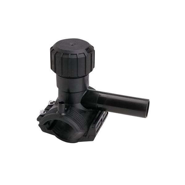 Black plastic valve assembly with a large screw-on cap on top, a vertical stem, and a horizontal outlet tube, used in plumbing or irrigation.