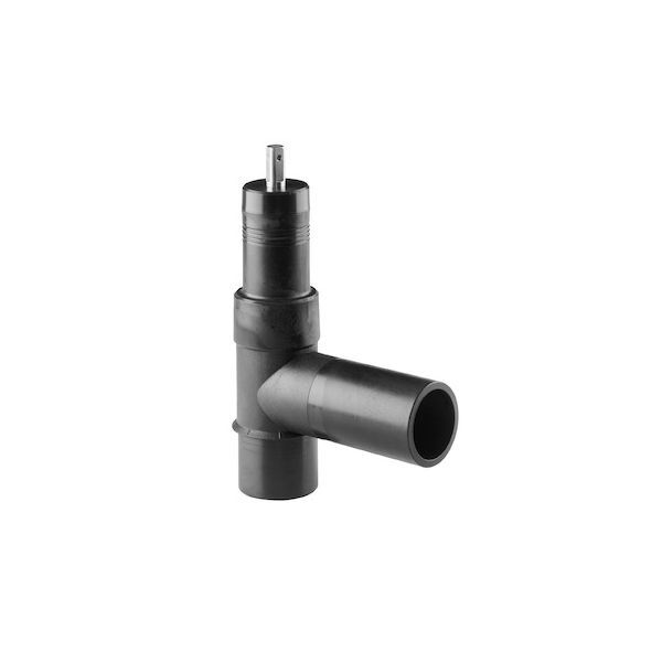 T-shaped black plastic pipe fitting with a side outlet and a vertical top stem, likely a small valve or connector component.