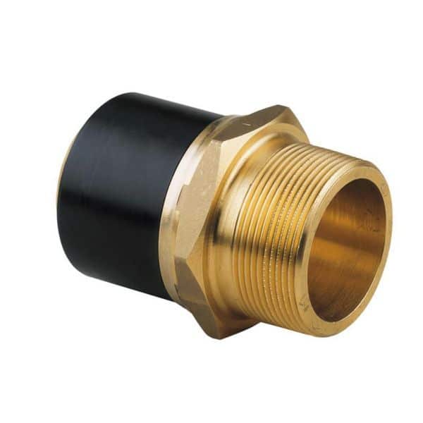 Brass male-threaded pipe adapter with hex nut and black end cap, isolated on white background.