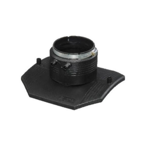 Black circular camera lens mount on a hexagonal base plate with two small pegs indicating attachment points (mounting base).