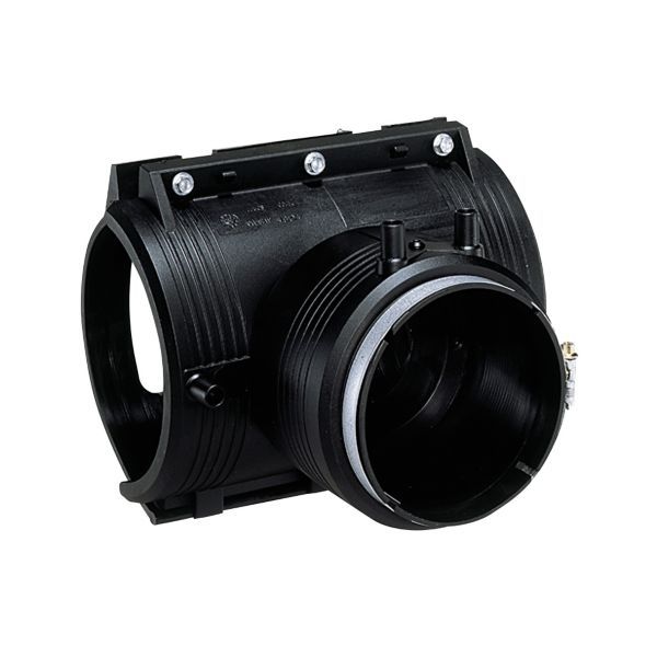 Black PVC pipe adapter with a large circular opening on one end and a mounting bracket, used to join large-diameter pipes in plumbing.