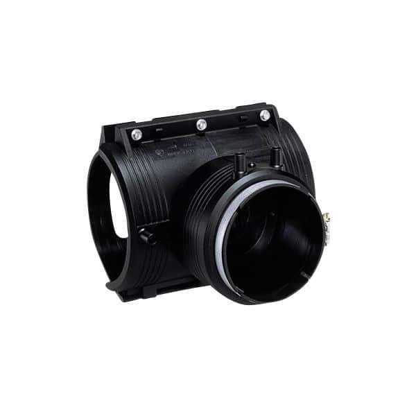 Black C-mount camera lens adapter with a large circular front opening and small mounting plate on top.