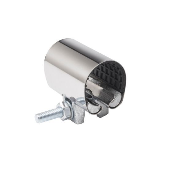 Chrome metal tube clamp with a mounting bolt and U-shaped bracket for securing a round tube/pole.