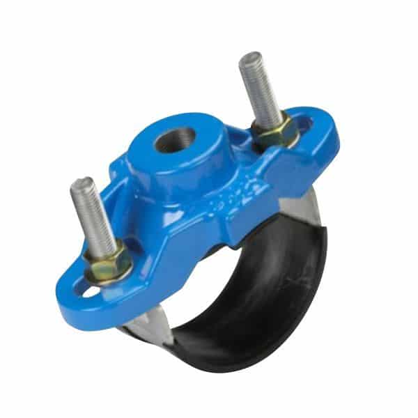 Blue metal pipe clamp with two bolts and a black rubber strap, used to secure a cylindrical pipe or tube.