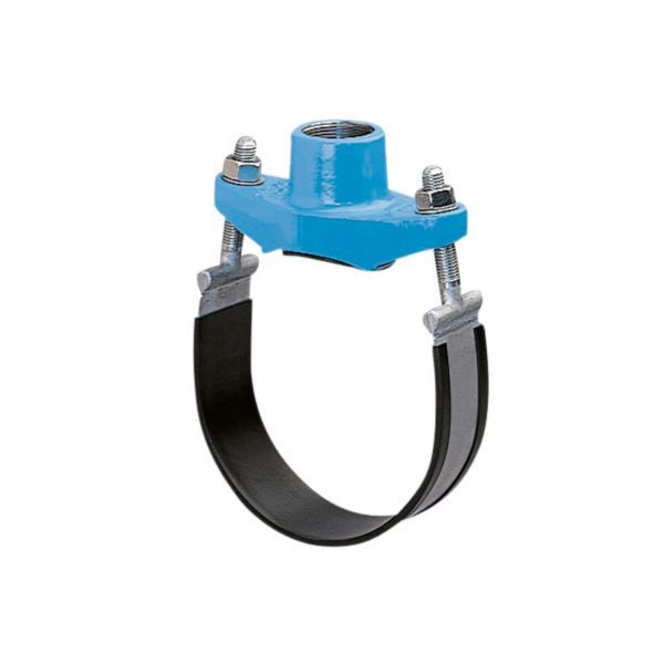 Blue pipe hanger clamp with two U-bolts securing a circular black pipe for mounting or support on a surface.