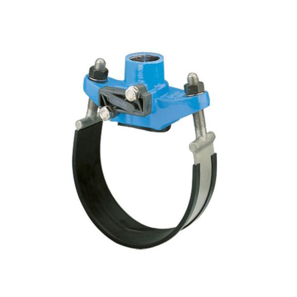 Blue pipe hanger clamp with bolts and a circular black band for securing a pipe